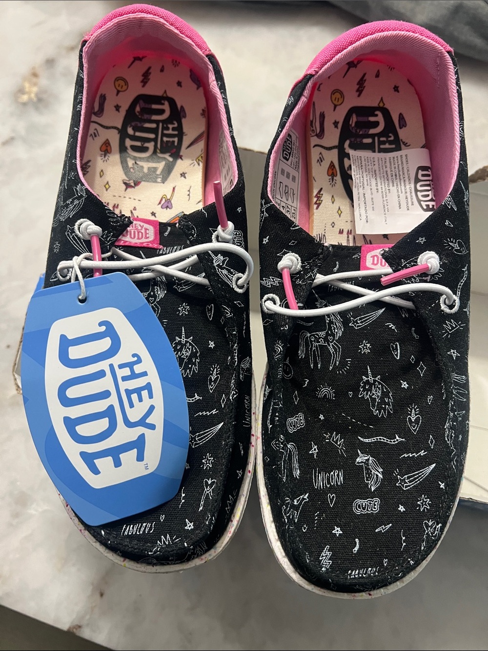 Hey Dude Kids Black Sneakers with Pink Accents and Unicorn Doodle Print